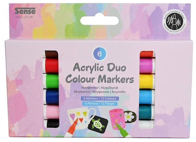 Produktbild 1 för Akrylpennor Dubbelspets 12 färger 6-pack Sense