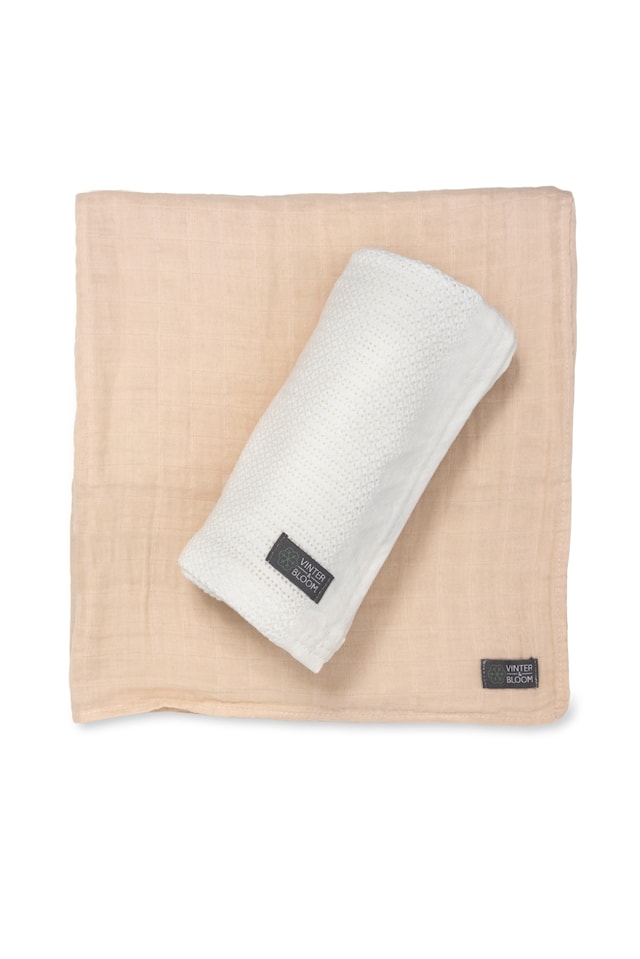 Produktbild 1 för Babyfilt Soft Grid+Muslin EKO 2-pack Vit/Beige Vinter & Bloom