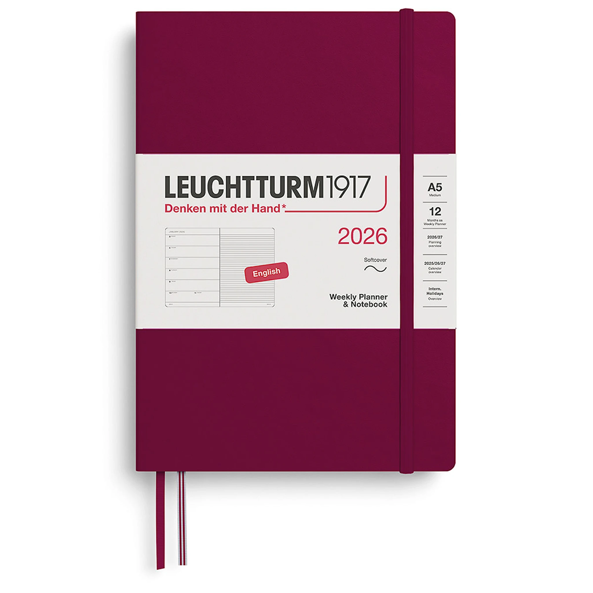 Produktbild för Weekly Planner & Notebook 2026 A5 Soft Port Red Leuchtturm1917