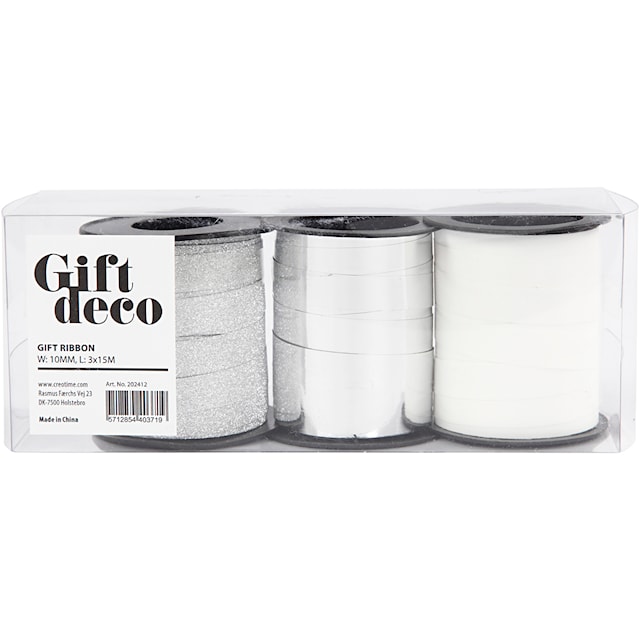 Produktbilde 4 for Gavebånd, B: 10 mm, sølv, sølvglitter, hvit, 3x15 m/ 1 pk.