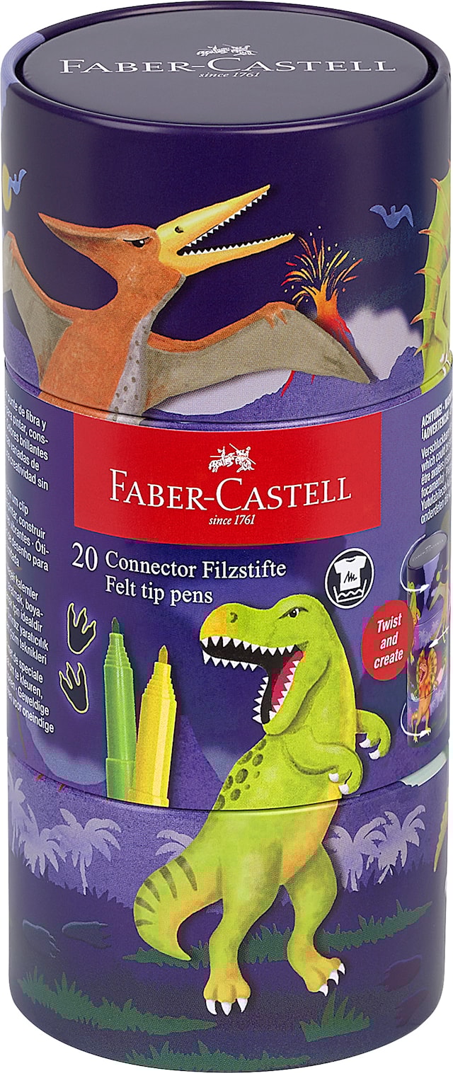 Produktbild 2 för Tuschpennor Connector Dinosaurie i metallställ 20-pack Faber-Castell