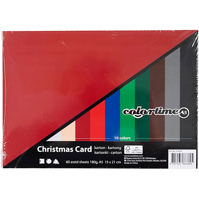 Tuotekuva 3 - Kartonki, jouluvärit, A5, arkki 150x210 mm, 180 g, värilajitelma, 60 laj/ 1 pkt