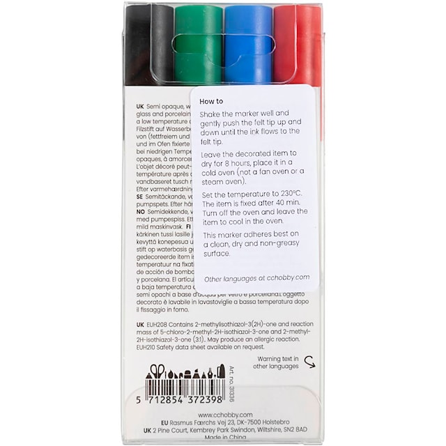 Produktbilde 5 for Glass- og porselenstusj, strek 1-2 mm, semi opaque, svart, blå, grønn, rød, 4 stk./ 1 pk.