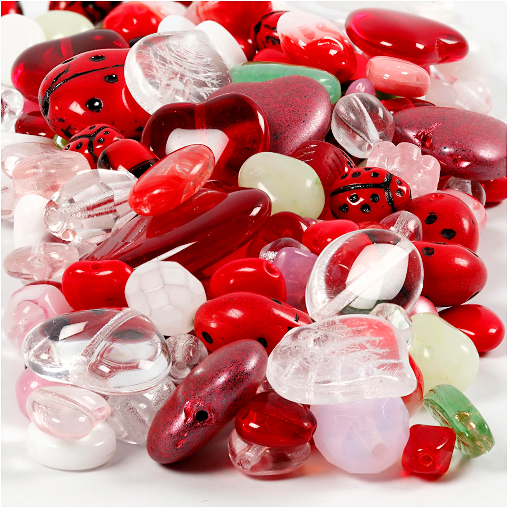 Produktbilde for Glassperler, mariehøner, blad, hjerter, dia. 5-22 mm, hullstr. 0,5-1,5 mm, ass. farger, 350 g/ 1 pk.