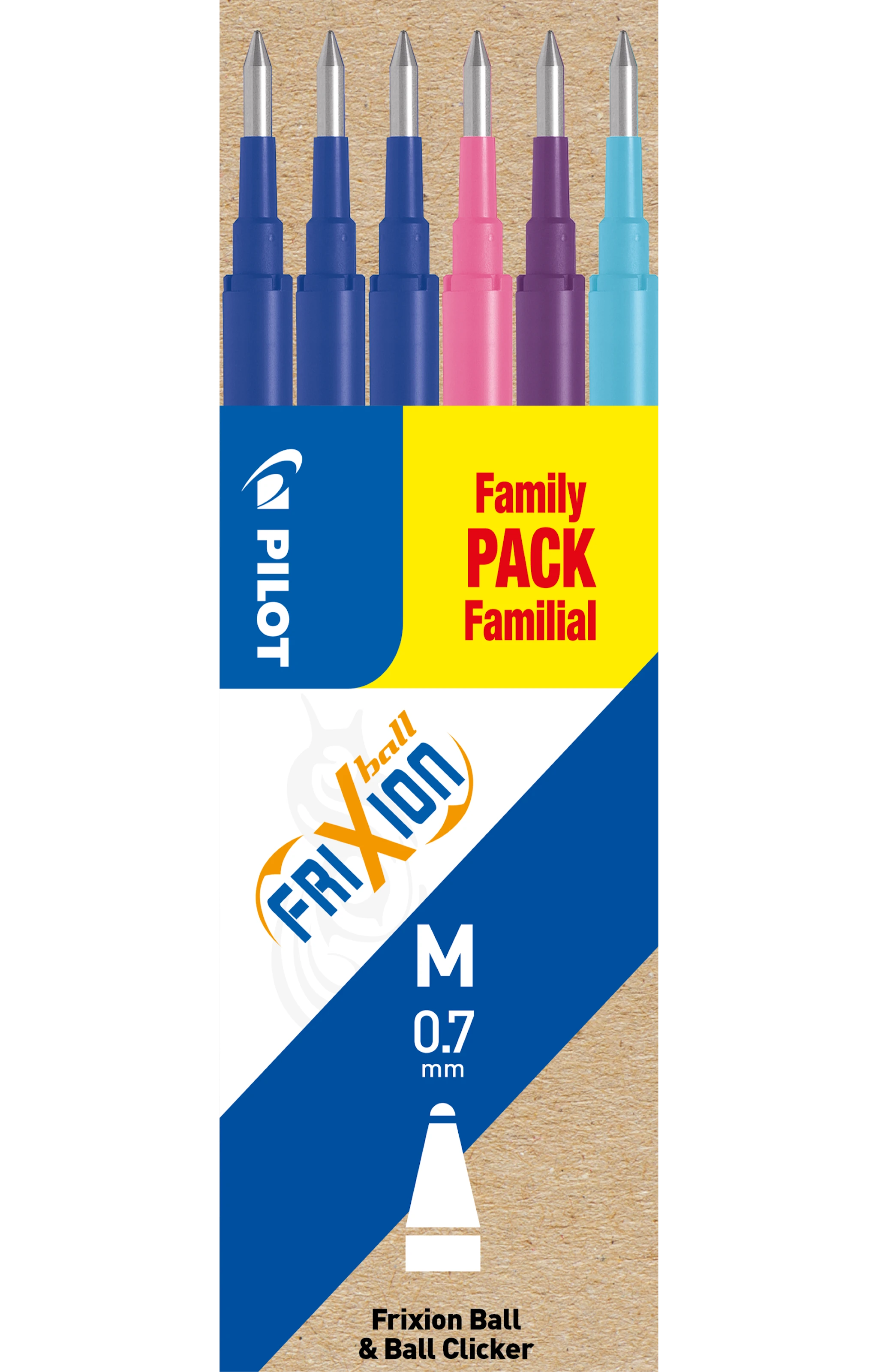 Produktbilde for Sett med 6 - FriXion Ball 0.7 refiller - Blå, Rosa, Violett, Lyseblå - Medium spiss Pilot