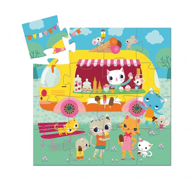 Produktbild 2 för Pussel i Somrig Glassbilskartong 16 Bitar Motiv med Färgglada Pusselbitar Djeco