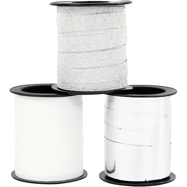 Produktbilde 3 for Gavebånd, B: 10 mm, sølv, sølvglitter, hvit, 3x15 m/ 1 pk.