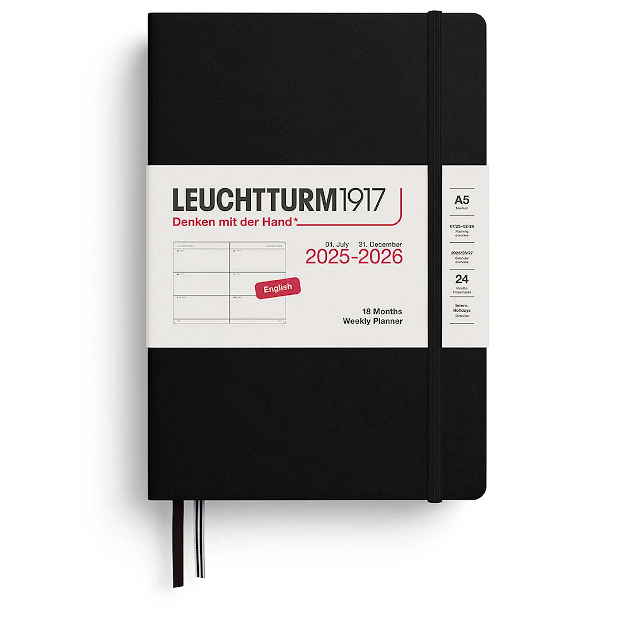 Tuotekuva ille Kalenteri A5 18kk 25–26 Viikkosuunnittelija Musta Leuchtturm1917