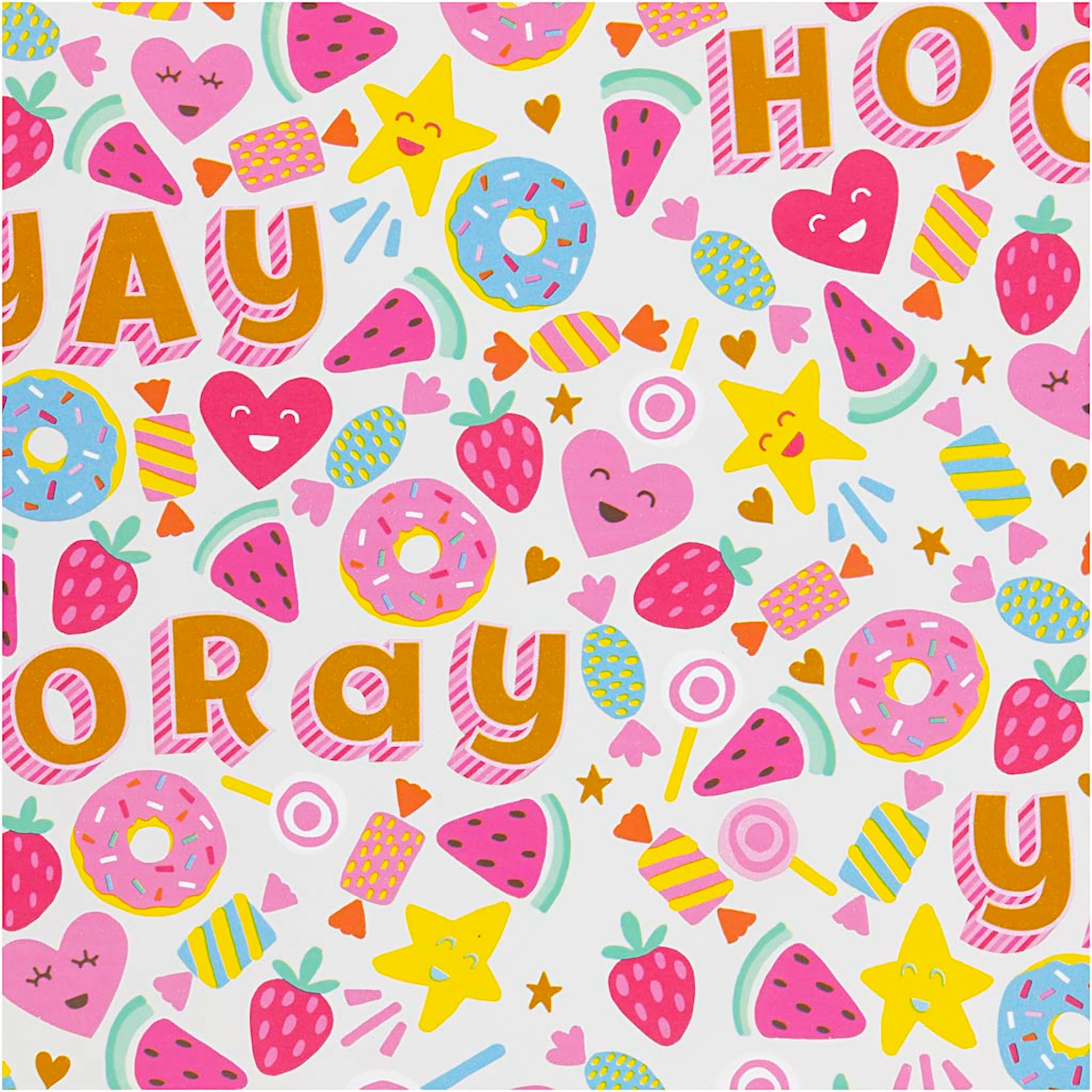 Tuotekuva ille Lahjapaperi, Karkit, hedelmät ja donitsit, Lev: 50 cm, 80 g, 5 m/ 1 rll