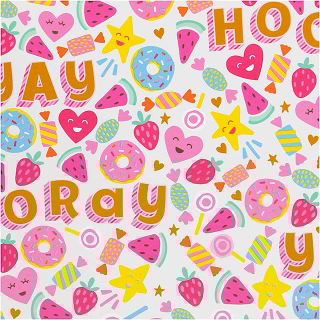 Tuotekuva 1 - Lahjapaperi, Karkit, hedelmät ja donitsit, Lev: 50 cm, 80 g, 5 m/ 1 rll