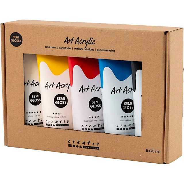 Produktbilde 6 for Akrylmaling, grunnfarger, halvblank, ass. farger, 5x75 ml/ 1 pk.
